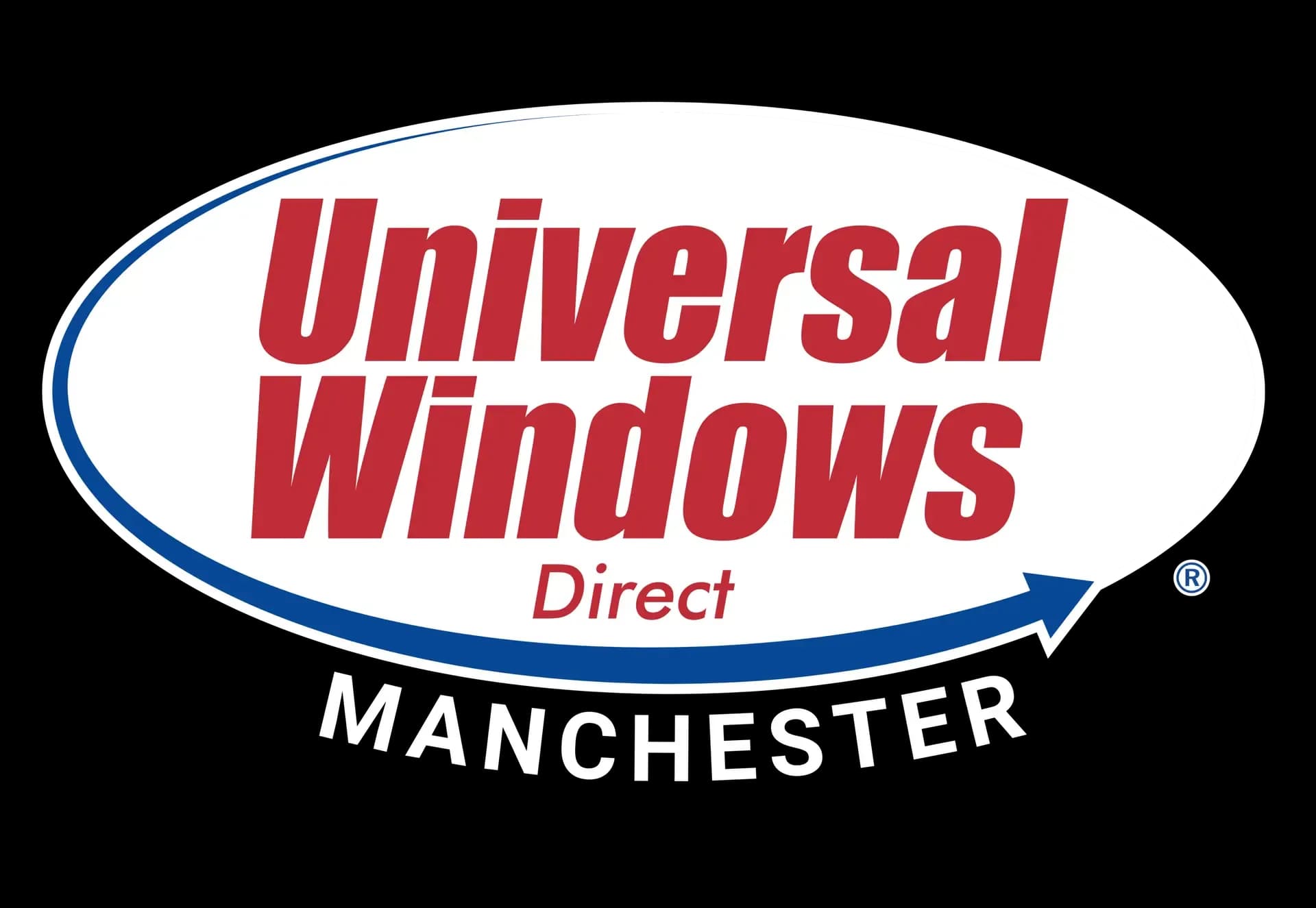 Universal Windows Direct Manchester logo with red text and blue oval border featuring a registered trademark symbol